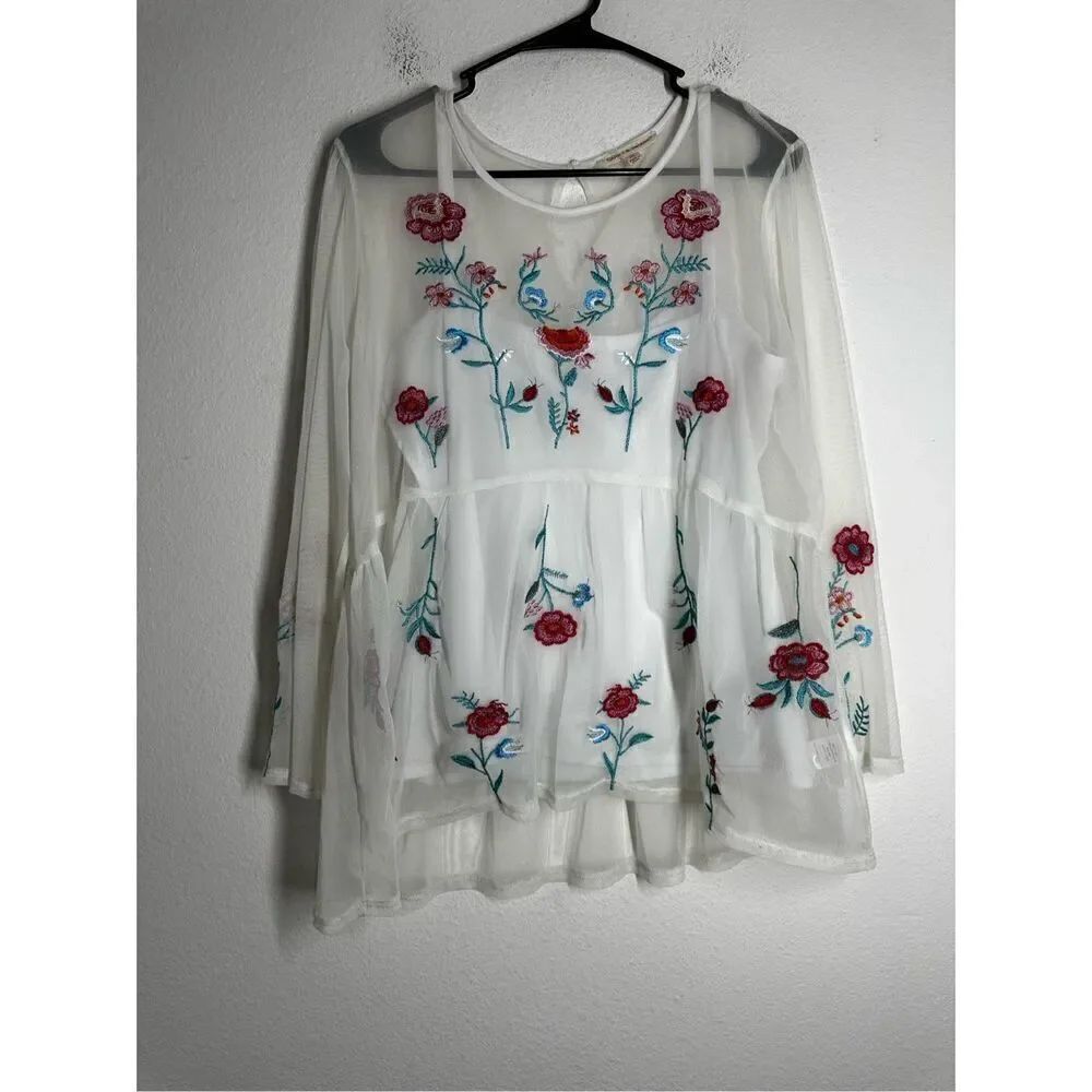 Grand & Green Embroidered Mesh Bohemian Sheer Top Tunic Size XL White Red Lined